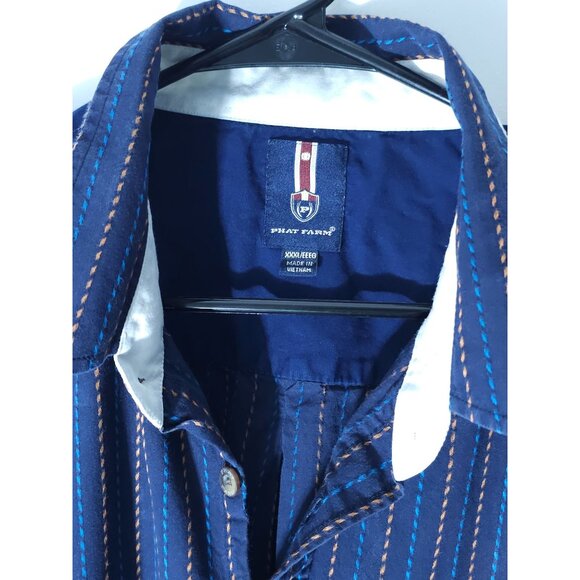 PHAT FARM Men's Blue & Orange Striped Shirt Short Sleeve Button-Up Shirt Size XL - Picture 2 of 12